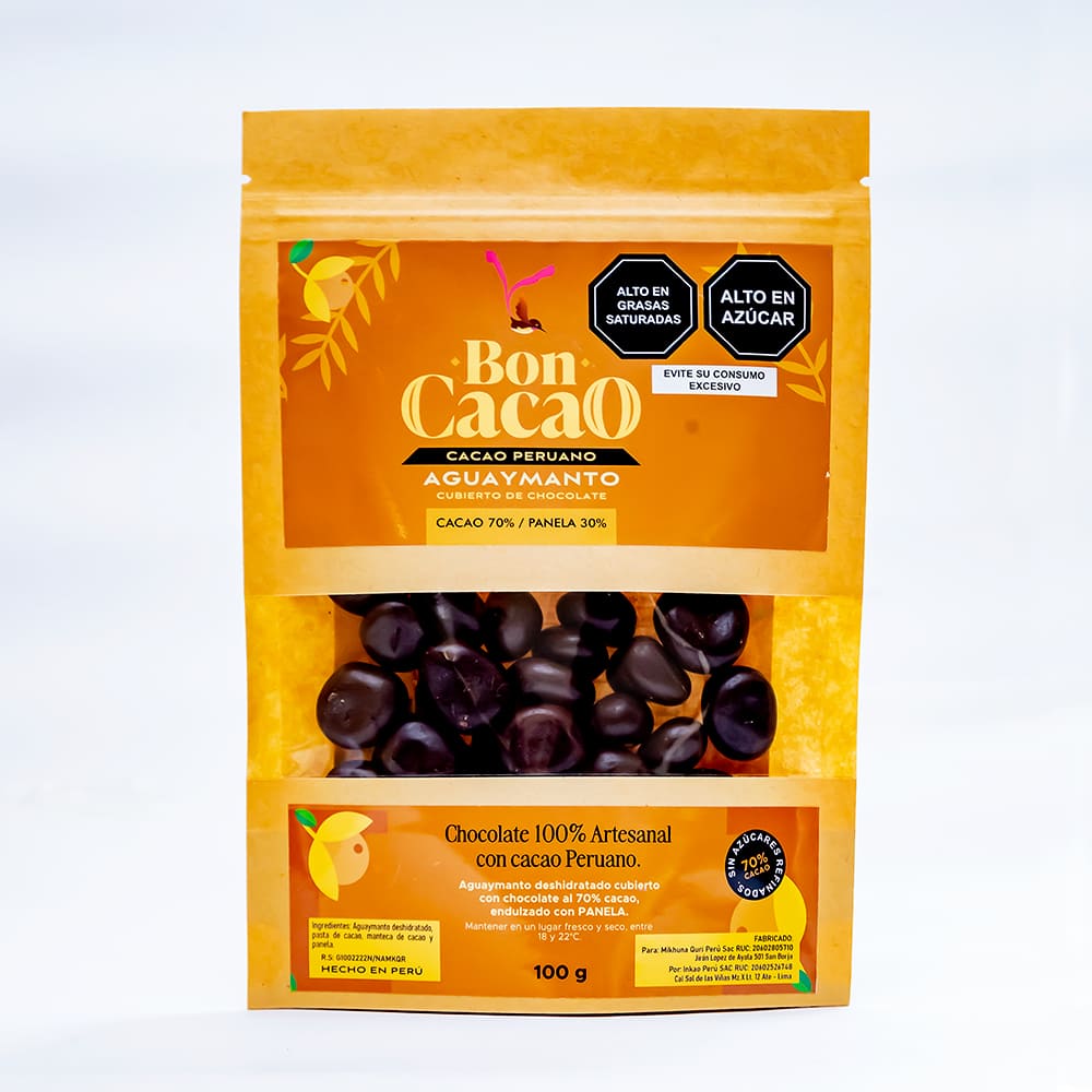 Aguaymanto Grageado con Chocolate 70% de Cacao Endulzado con Panela 100g