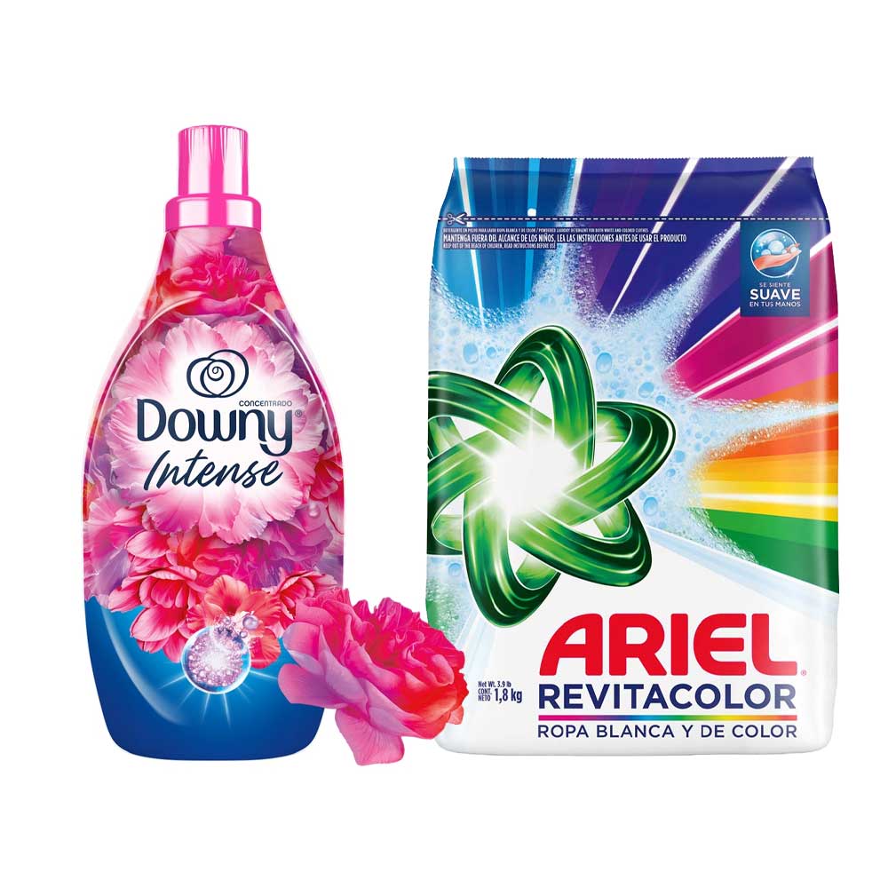 Pack Detergente en Polvo ARIEL Revitacolor para Ropa de Color Bolsa 1.8Kg + Suavizante DOWNY Floral Botella 1.4L