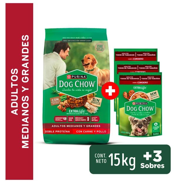 Pack DOG CHOW Alimento Sabor Carne y Pollo 15Kg + Alimento Húmedo para Perro Adultos Cordero 100g x3un