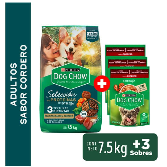 Pack DOG CHOW Alimento para Perros Cordero y otras proteínas Bolsa 7.5kg + Alimento Húmedo para Perros Cordero 100gr x3un