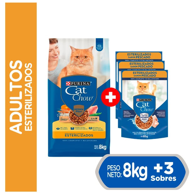 Pack CAT CHOW Alimento para Gatos Pescado Bolsa 8kg + Alimento Húmedo para Gatos Pescado 85gr x3un