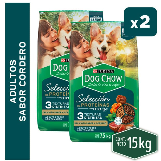 Pack x2 DOG CHOW Alimento para Perros Adultos todos los tamaños sabor cordero y otras proteínas Bolsa 7.5kg