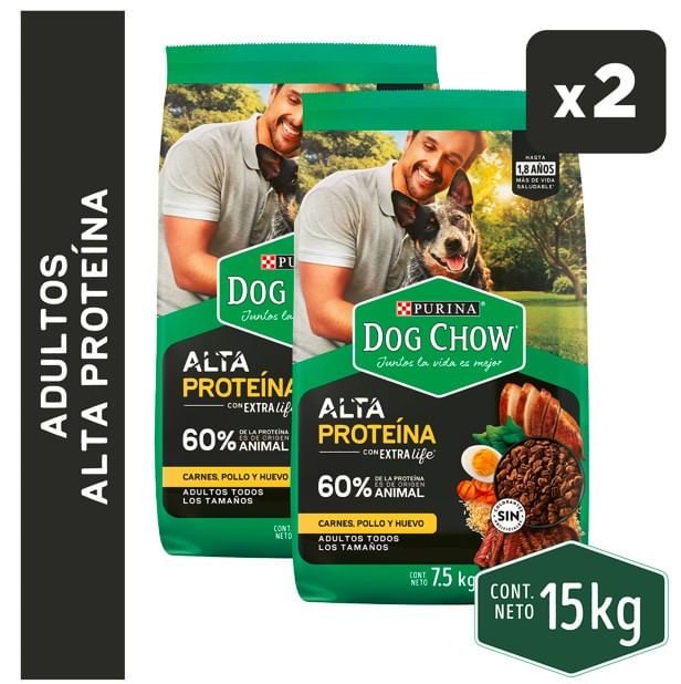 Pack x2 DOG CHOW Alimento para Perros Adultos todos los tamaños sabor carne pollo y huevo Bolsa 7.5kg