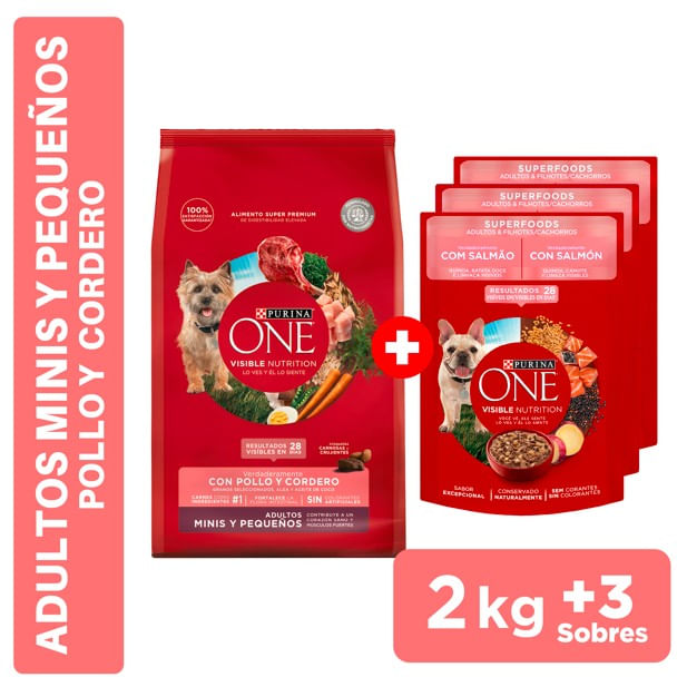 Pack PURINA One Alimento para Perros Adultos y Pequeños Sabor Pollo 2kg + Alimento Adulto y Cachorro Sabor Salmón 85g x3un