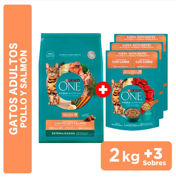 Pack PURINA Alimento Esterilizado Sabor Salmón 2kg + Gatos Adulto y Esterilizado Supernutrientes de 85g x3un