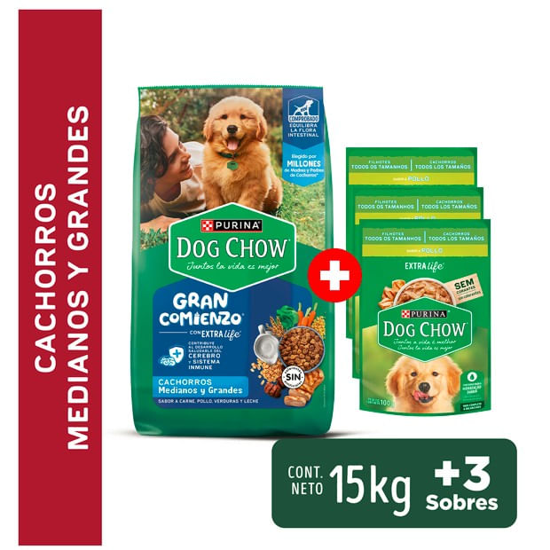 Pack DOG CHOW Alimento para Perros Cachorros Sabor Pollo 100g x3un + Alimento Razas Medianas y Grandes Multisabor 15Kg