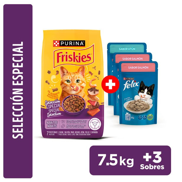 Pack FRISKIES Adultos sabor Salmón 7.5Kg + FELIX Classic con Atún 85g +  Classic con Salmón 85g x2un