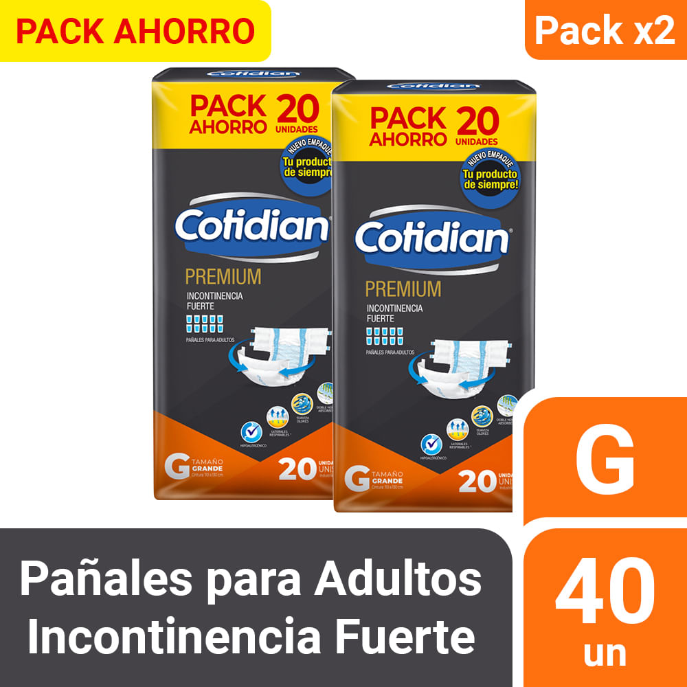 Pack Pañales Premium COTIDIAN Protección Adulta Talla G Paquete 20un x 2un