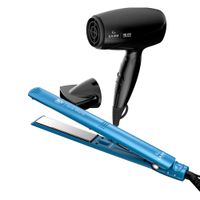 Combo Gama Alisadora 3D Blue Titanio BECHS0000002426 y Secador Helios Mango Plegable