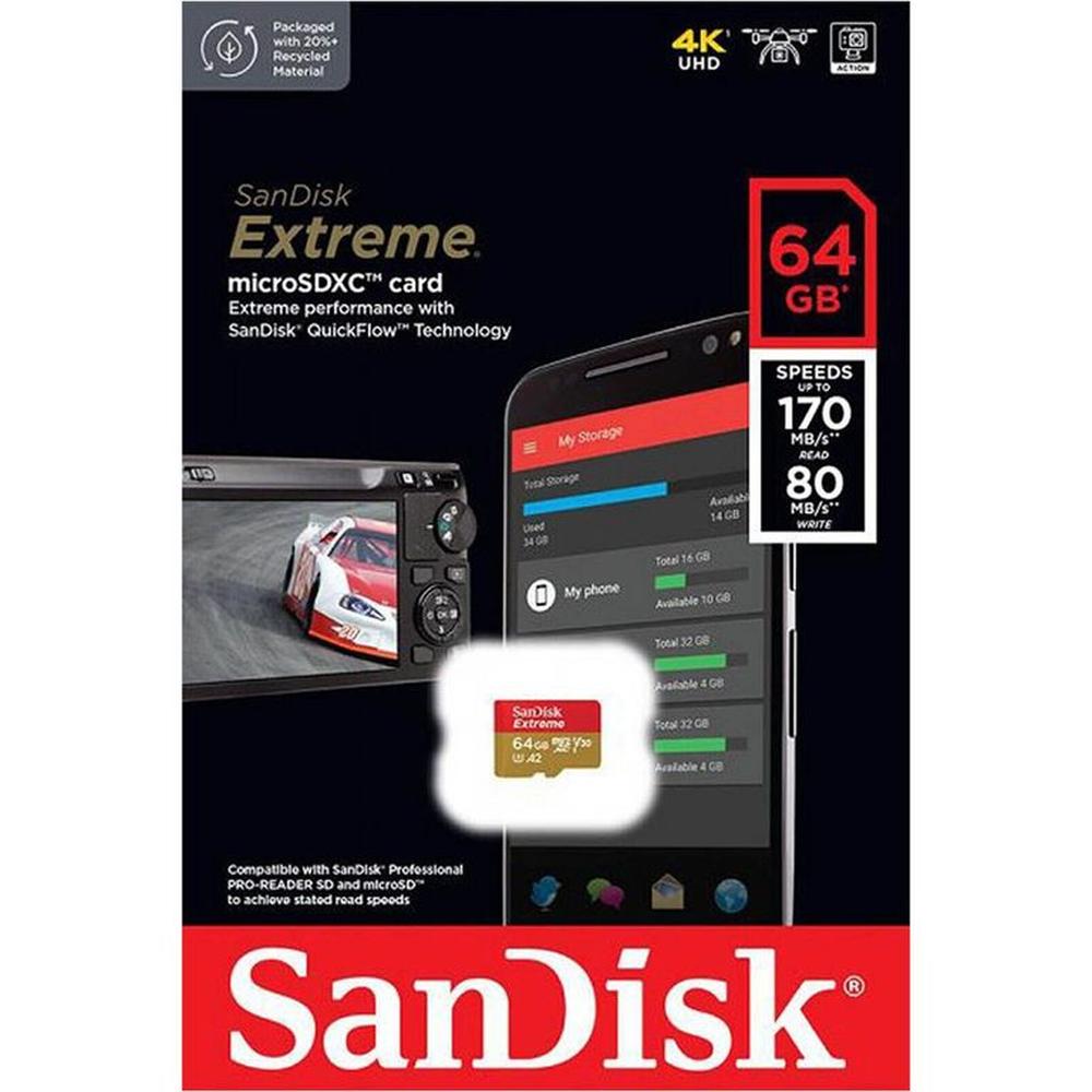Memoria MicroSD Sandisk Extreme64GB UHS-I Card U3 A2 170mbps