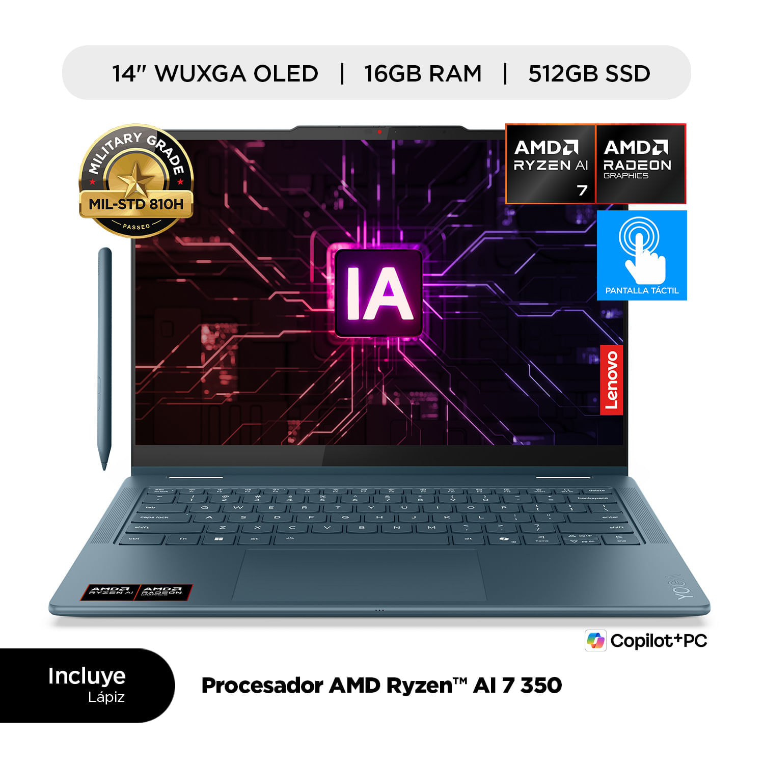 Laptop Lenovo Yoga 7  2 en 1 AMD Ryzen AI 7 350 16GB RAM 512GB SSD 14"" WUXGA Oled TOUCH + Lapiz Yoga Pen