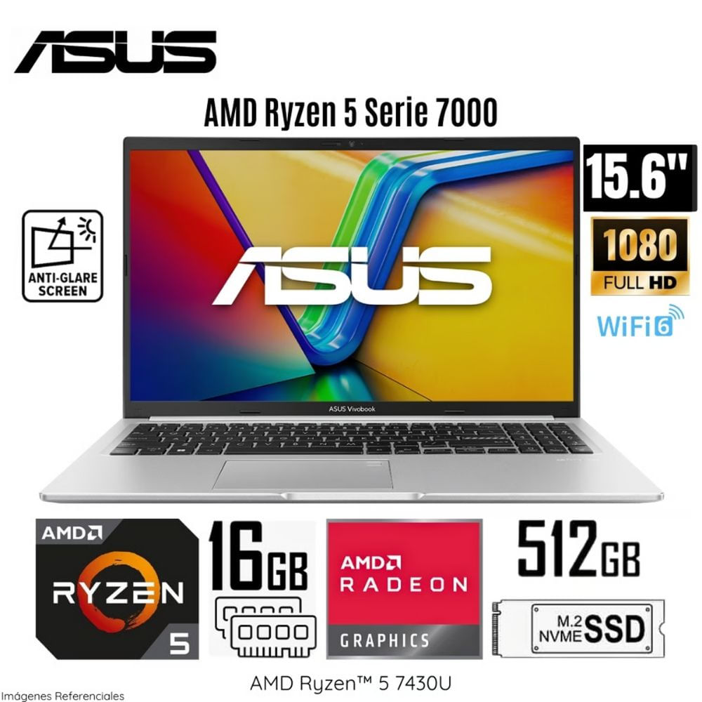 Laptop Asus Vivobook M1502YA-NJ544 AMD Ryzen 5-7430U 16GB RAM 512GB SSD 15.6"" FHD - Silver