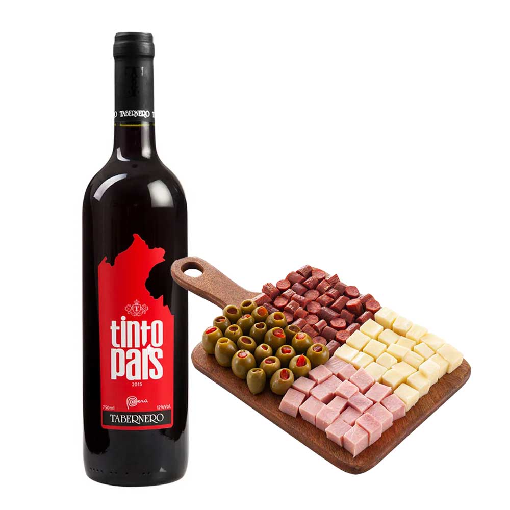 Pack Vino Tinto TABERNERO Tinto País Malbec Botella 750ml + Tabla Piqueo Tradicional BELL´S