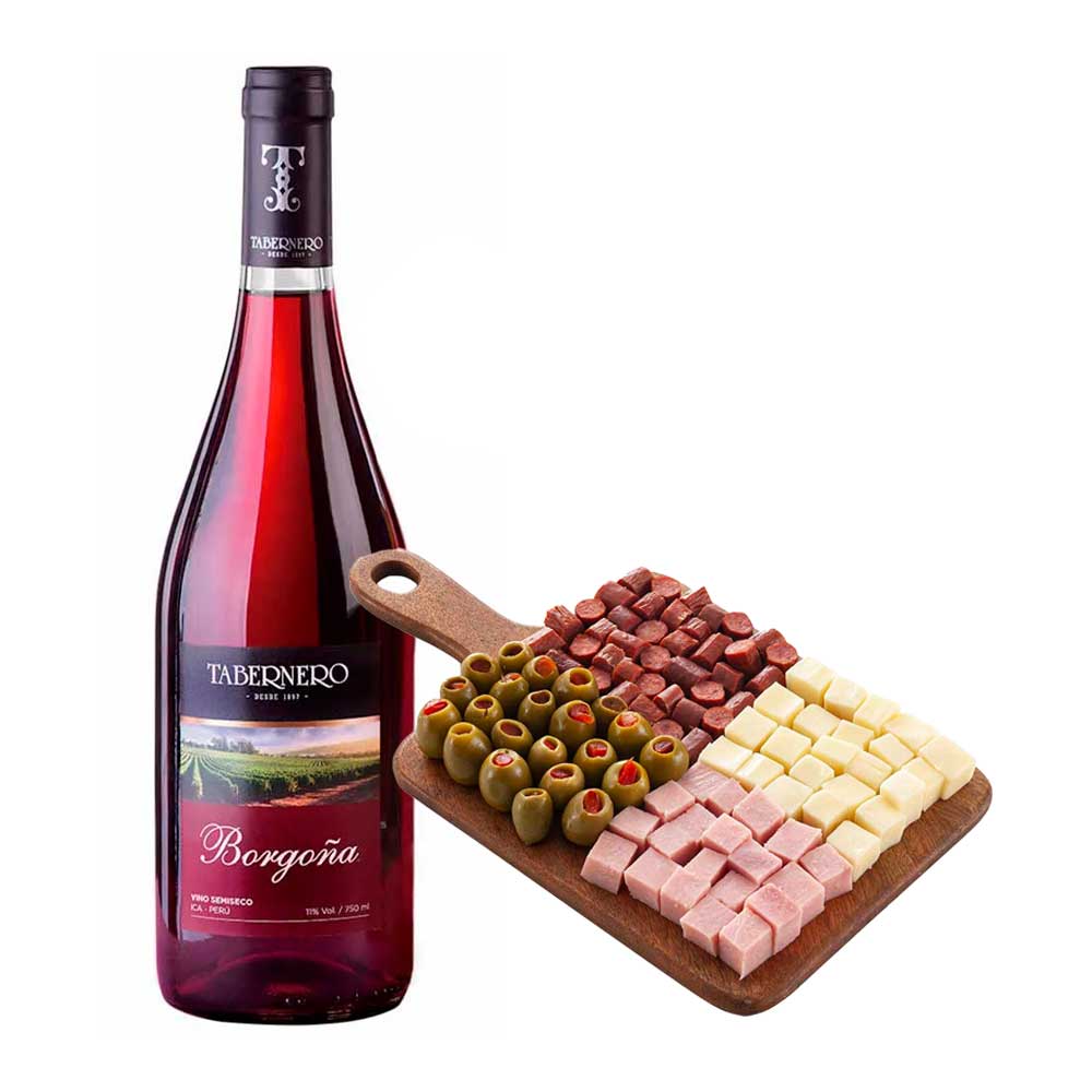 Pack Vino Tinto TABERNERO Borgoña Botella 750ml + Tabla Piqueo Tradicional BELL´S