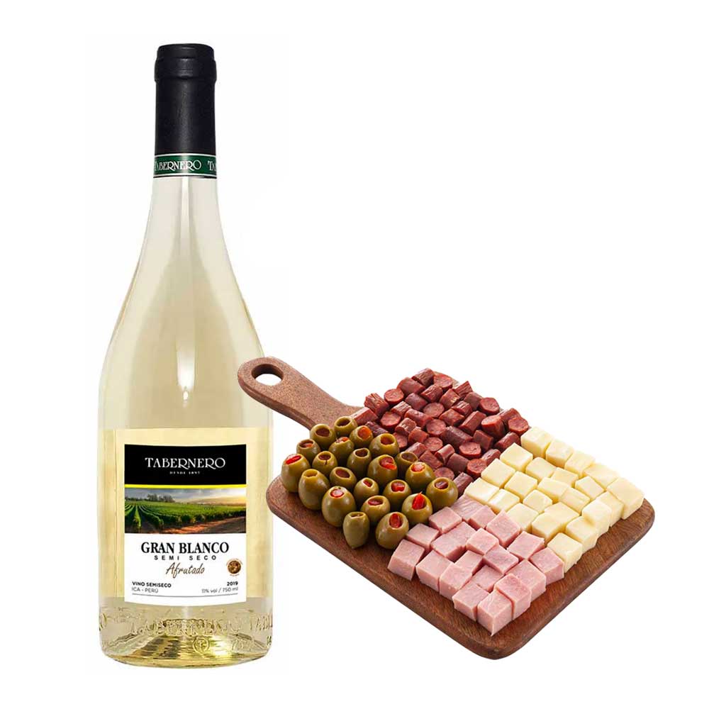 Pack Vino Blanco TABERNERO Gran Blanco Semi Seco Botella 750ml + Tabla Piqueo Tradicional BELL´S