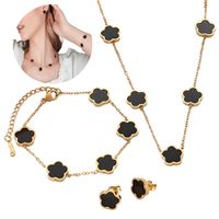 Set Collar Aretes y Pulsera Trebol Negro Mujer Diseño De Lujo, Acero Inoxidable