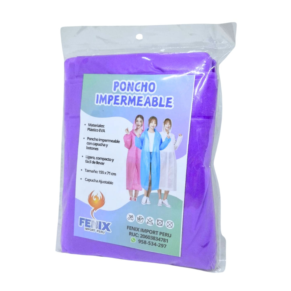 Poncho Para Lluvia Ligero Impermeable con capucha y botones - Morado