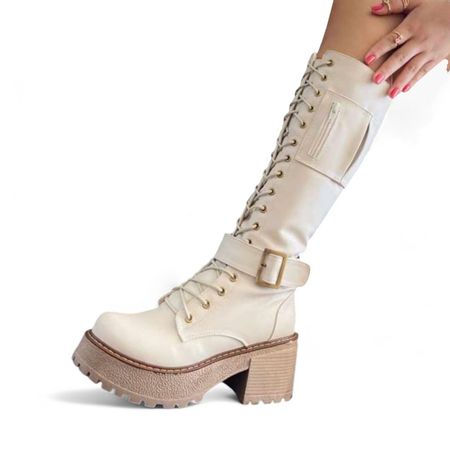 Bota Mujer Warrior 3 Hebilllas Taco 5 1299 5C-75 Color Crema Talla 38