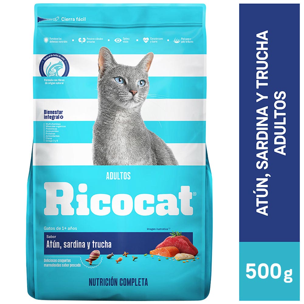 Alimento para Gato RICOCAT Adulto Sabor Atún Sardina y Trucha Bolsa 500g