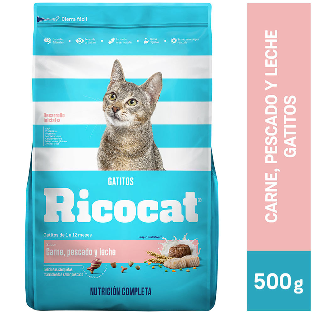 Alimento para Gato RICOCAT Gatito Sabor Carne Pescado y Leche Bolsa 500g