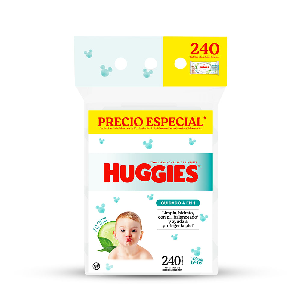 Toallitas Húmedas HUGGIES Cuidado 4 en 1 Desechables Paquete 240un