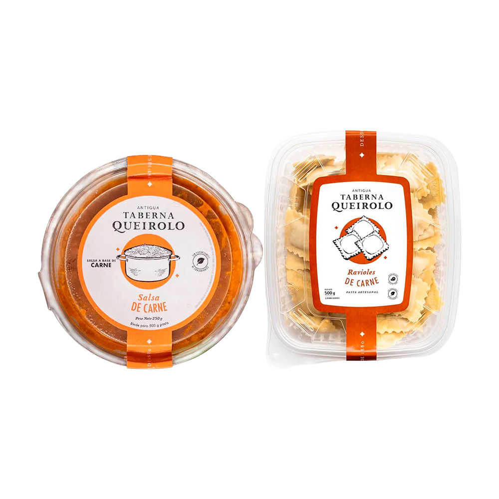 Pack Ravioles de Carne ANTIGUA TABERNA QUEIROLO Caja 500g + Salsa Carne ANTIGUA TABERNA QUEIROLO Caja 250g