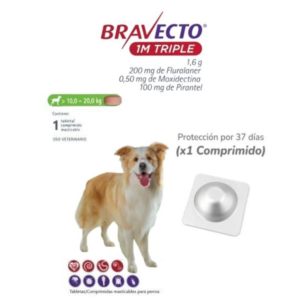 Antipulga Bravecto 10 - 20KG x 1 Tab Protección Mensual