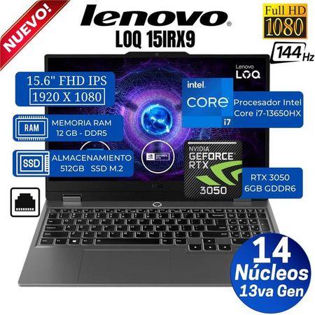 Laptop Lenovo LOQ 15IRX9 15.6  FHD IPS. Core i7-13650HX. Ram 12GB. Ssd 512GB. Rtx 3050. Win 11