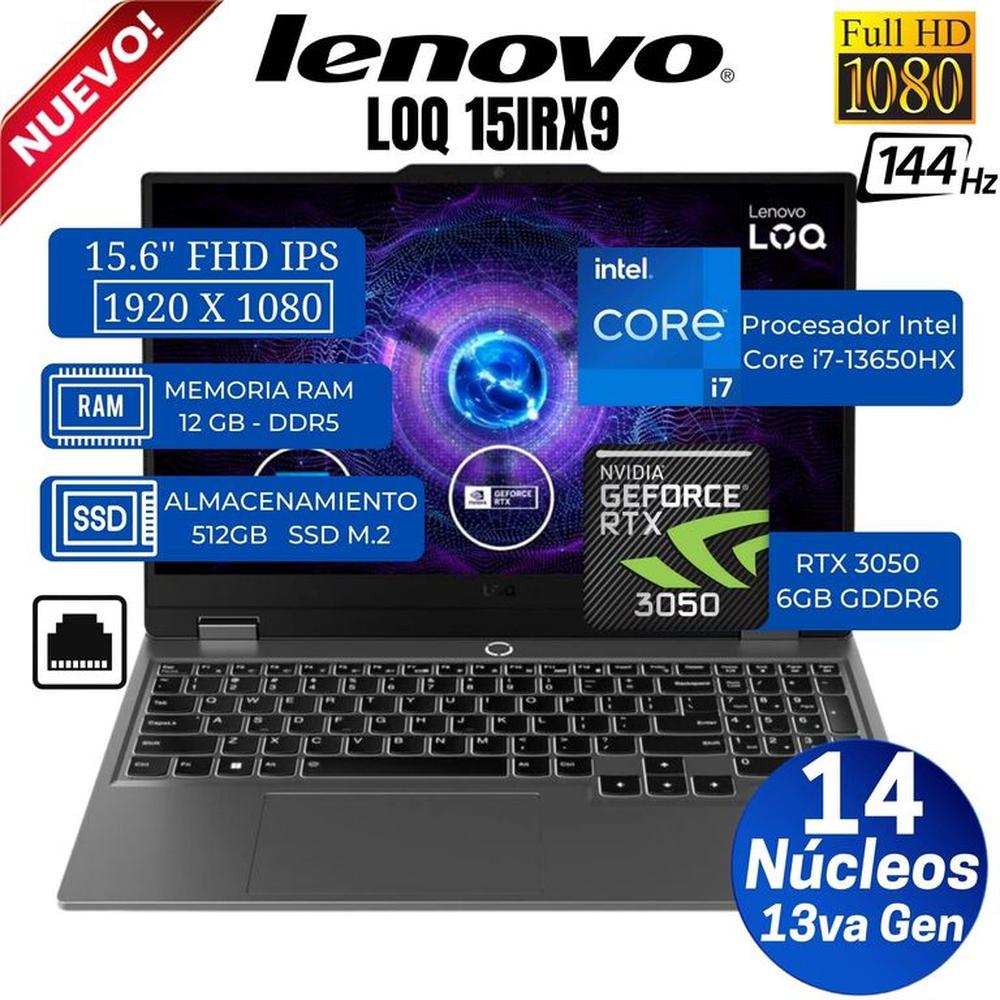 Laptop Lenovo LOQ 15IRX9 15.6 FHD IPS. Intel Core i7-13650HX.Ram 12GB. Ssd 512GB. Rtx 3050. Win 11