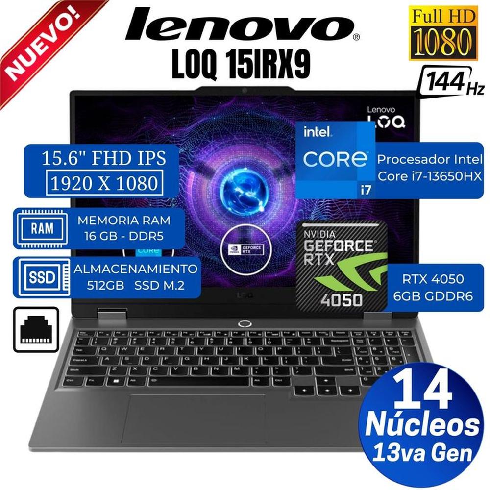 Laptop Lenovo LOQ 15IRX9 15.6""  FHD IPS, Core i7-13650HX, Ram 16GB, Ssd 512GB, Rtx 4050, Free Dos