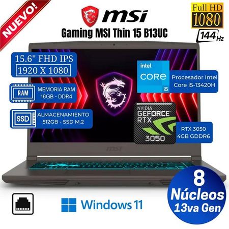 Laptop MSI Thin 15 B13UC, 15.6” FHD IPS, Core i5-13420H, Ram 16GB, Ssd 512GB, Rtx 3050, Win 11