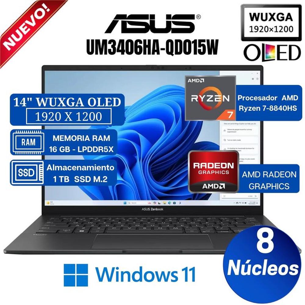 Laptop Zenbook ASUS UM3406HA-QD015W 14"" WUXGA OLED, AMD RYZEN 7-8840HS, Ram 16GB, Ssd 1 TB, Win 11