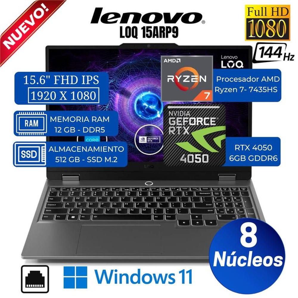 Laptop Lenovo LOQ 15ARP9 15.6"" FHD IPS, AMD RYZEN 7-7435HS, Ram 12GB, Ssd 512GB, Rtx 4050, Win 11