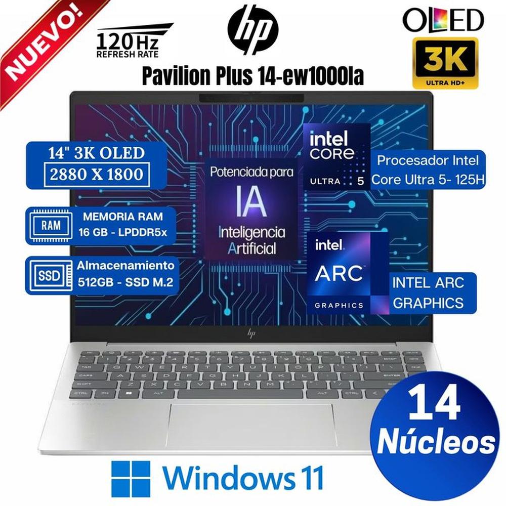 Laptop HP Pavilion Plus 14-ew1000la 14” 3K OLED, Core Ultra 5-125H, Ram 16GB, Ssd 512GB, Win 11