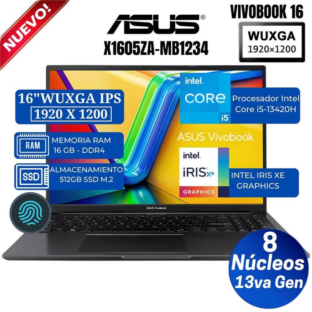 Laptop ASUS VivoBook X1605VA-MB123 16"" WUXGA IPS, Core i5-13420H, Ram 16GB, Ssd 512GB, Free Dos