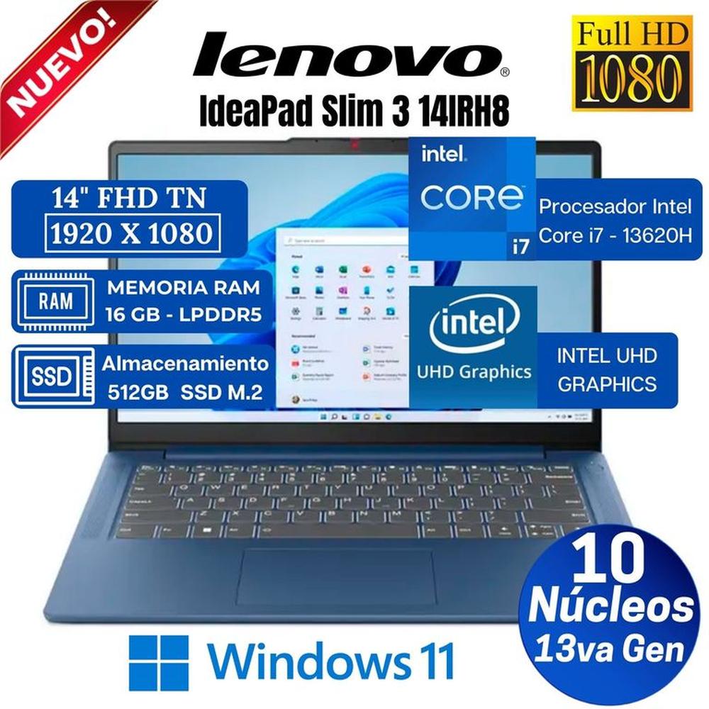 Laptop Lenovo Ideapad Slim 3 14IRH8 14” FHD TN, Intel Core i7-13620H, Ram 16GB, Ssd 512 GB, Win 11