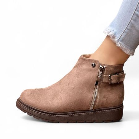 Botin Mujer Acolchada Gamuza Cierre 1299 5C-55 Color Beige Talla 35