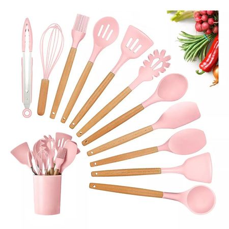 Juego de 12 Utensilios de Silicona para Cocina y Repostería - ROSADO
