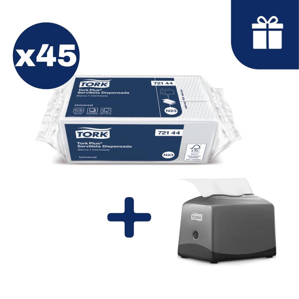 Servilleta Plus Tork Hoja Simple Blanca 45 paq x 100un más Dispensador Gratis