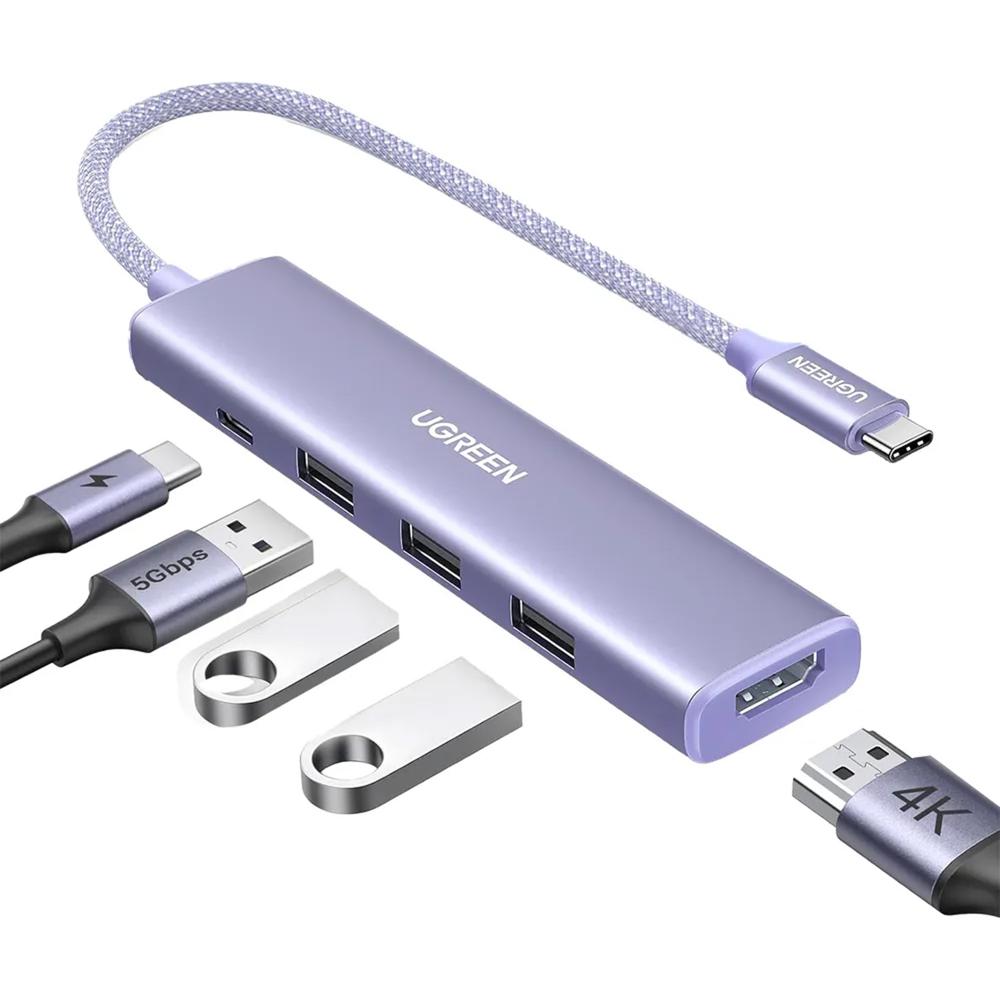 Hub Ugreen 5 En 1 USB-C HDMI 4K 3x USB-A 3.0 PD 100W CM478 35582 Plateado