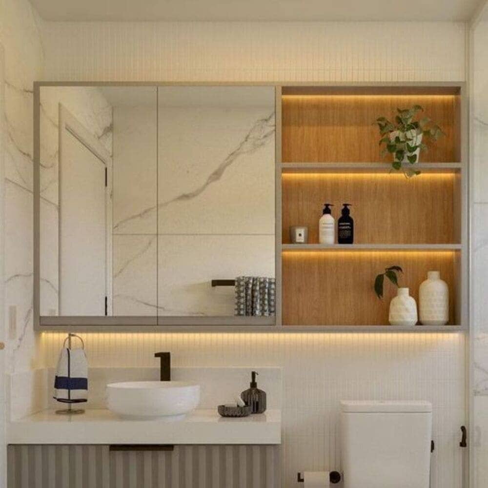 Mueble de Baño Flotante con Espejo y Luces Led Bennett Color Taupe-Roble Buralo TU MESITA