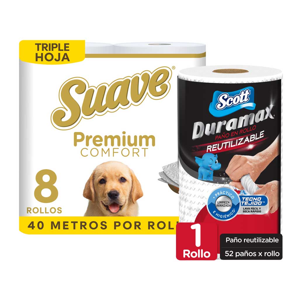 Pack Papel Higiénico SUAVE Premium Comfort 40mts Paquete 8un + Paño Reutilizable SCOTT Duramax Paquete 1un