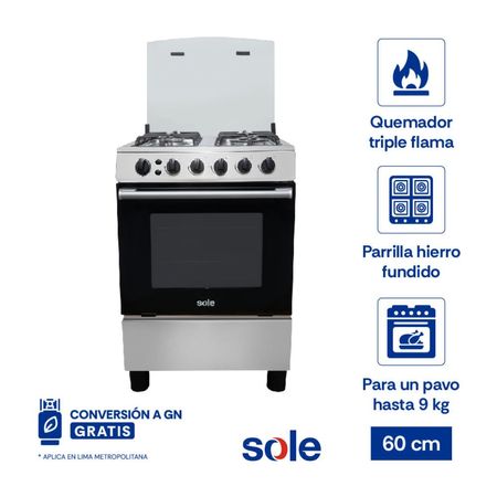 Cocina de Pie a Gas Sole Punta Sal 4 Hornillas 60cm Gris Modelo COSOL027C