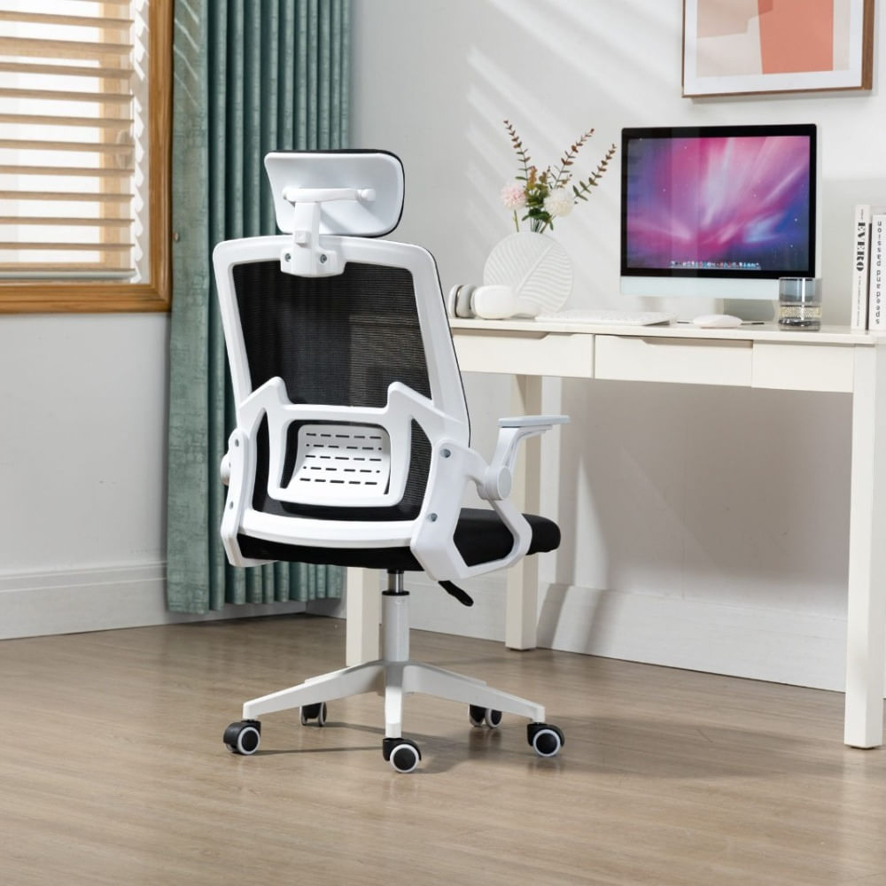 Silla Ergonómica de Oficina con Cabecera y Respaldo Regulables Blanco + Negro