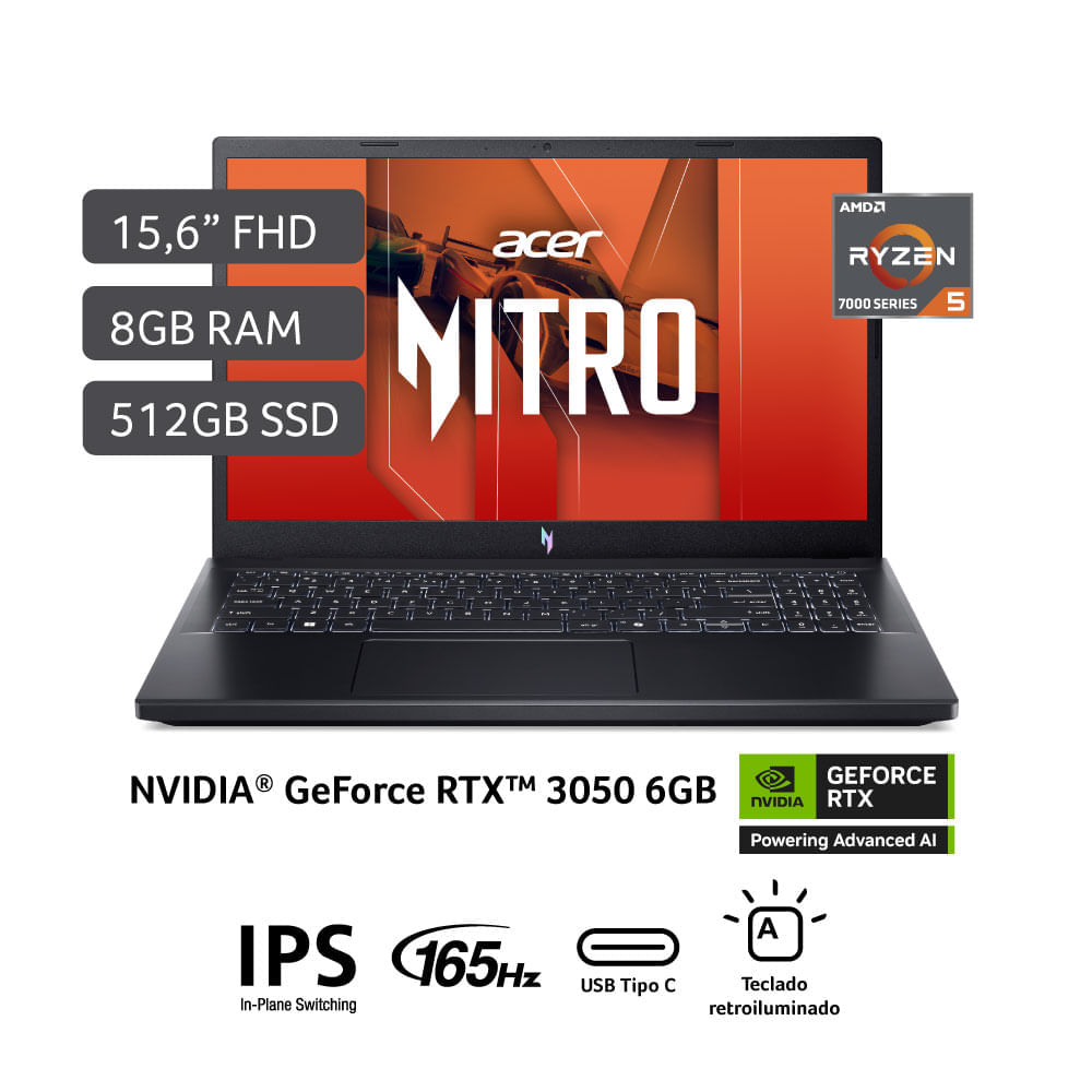 Laptop Gamer Acer Nitro V AMD Ryzen™ 5 7535HS 8GB RAM 512GB SSD 15.6"" RTX 3050
