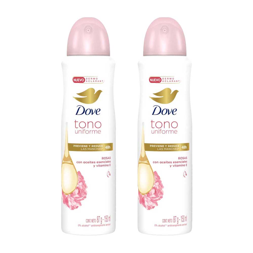 Pack Desodorante para Mujer en Aerosol DOVE Tono Uniforme Rosas Frasco 150ml Paquete 2un