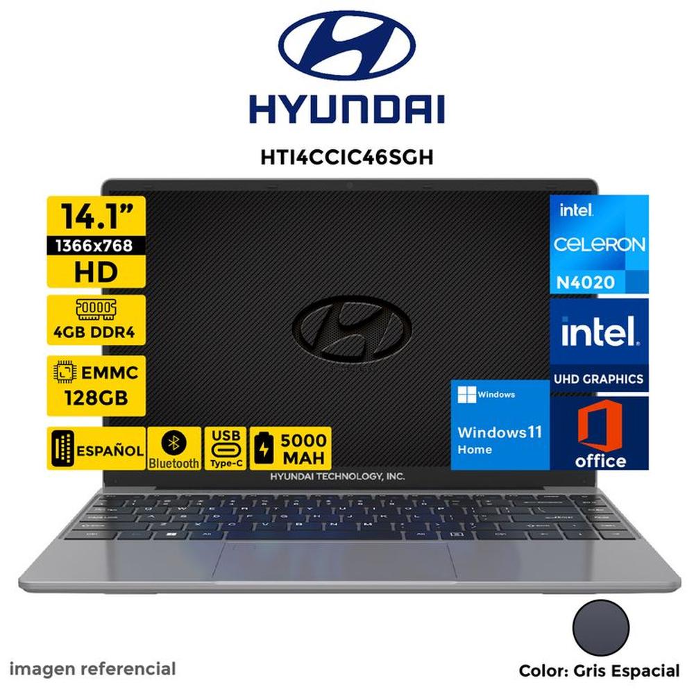 Laptop Hyundai Intel Celeron N4020 Pantalla 14.1"" HD RAM 4GB EMMC 128GB Windows 11 Home