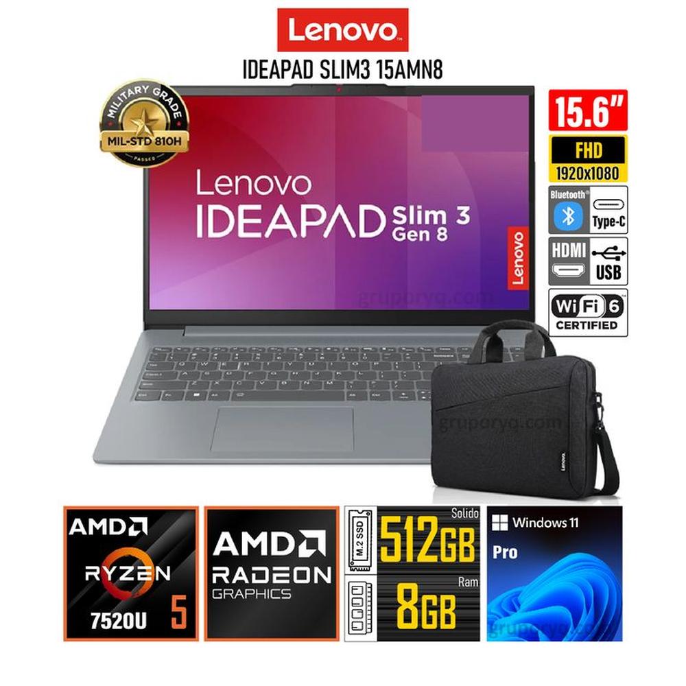 Laptop LENOVO Ideapad Slim 3 15AMN8 AMD Ryzen 5-7520U RAM 8GB SSD 512GB Pantalla 15.6"" FHD