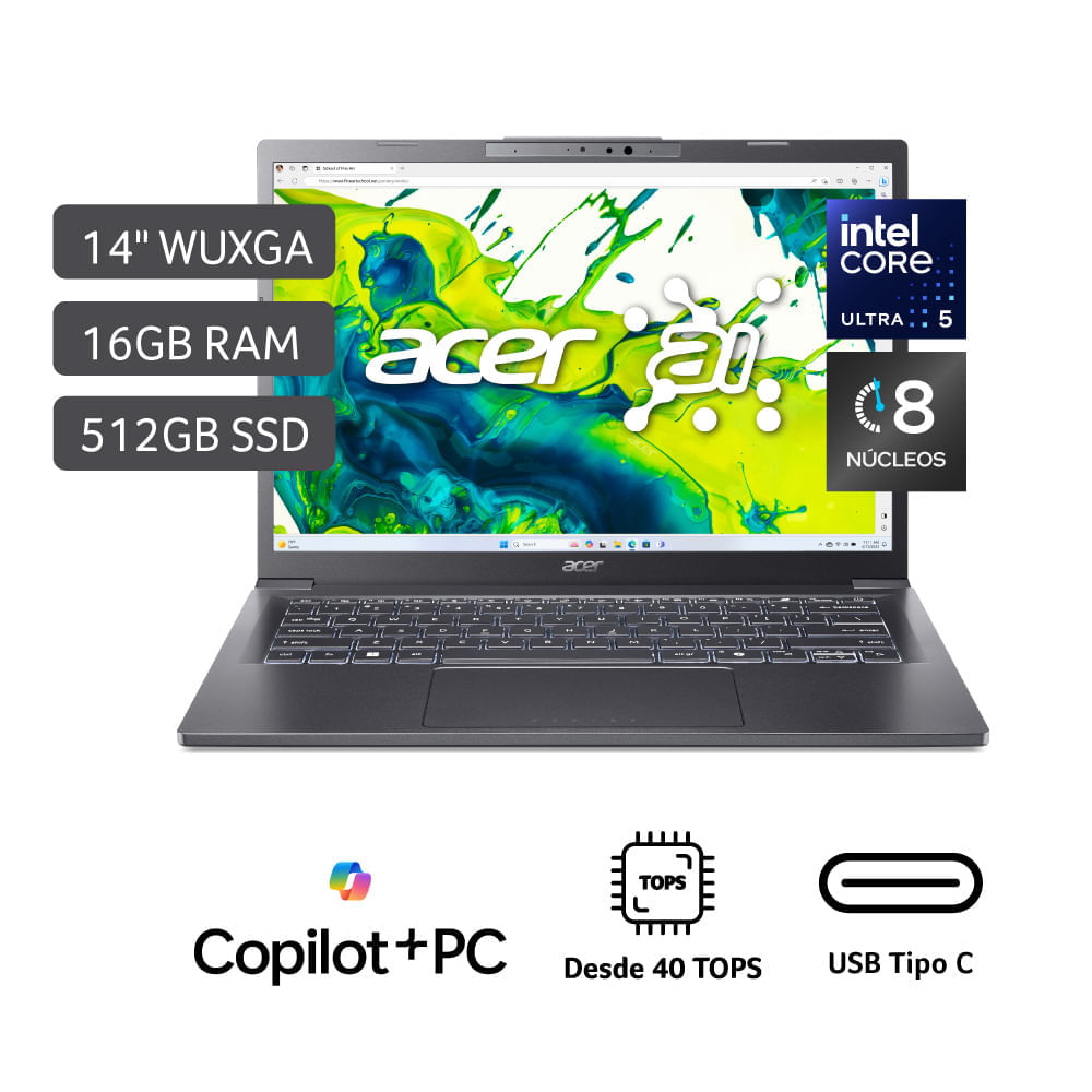 Laptop AI Acer Aspire 14 Intel® Core™ Ultra 5 processor 226V 16GB 512GB SSD 14"" COPILOT