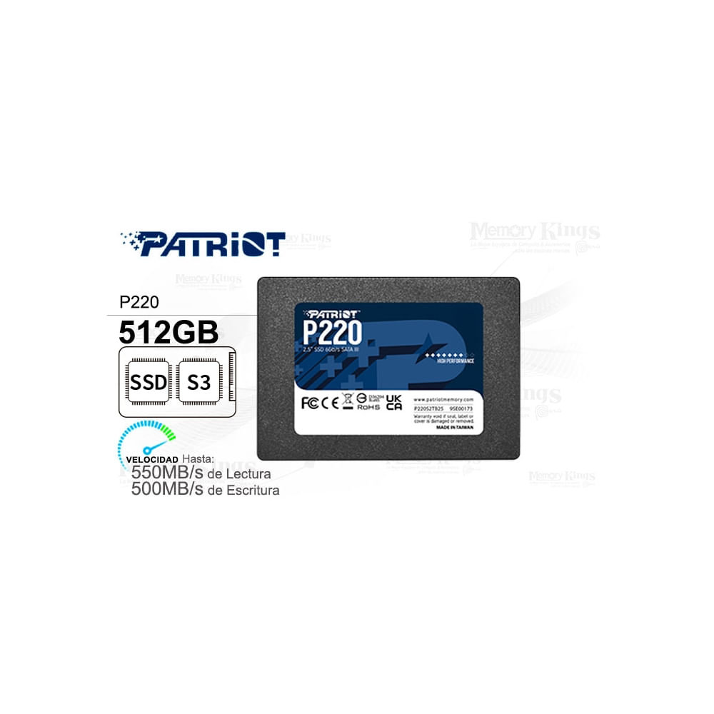 SSD Patriot P220 de 512GB 2.5” SATA, rendimiento veloz y almacenamiento confiable